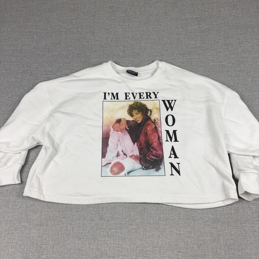 Whitney Houston Sweatshirt Womens XL White I'm Every Woman Cropped Pullover